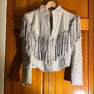 Vintage White Leather Jacket with Fringe and Western Style EUC